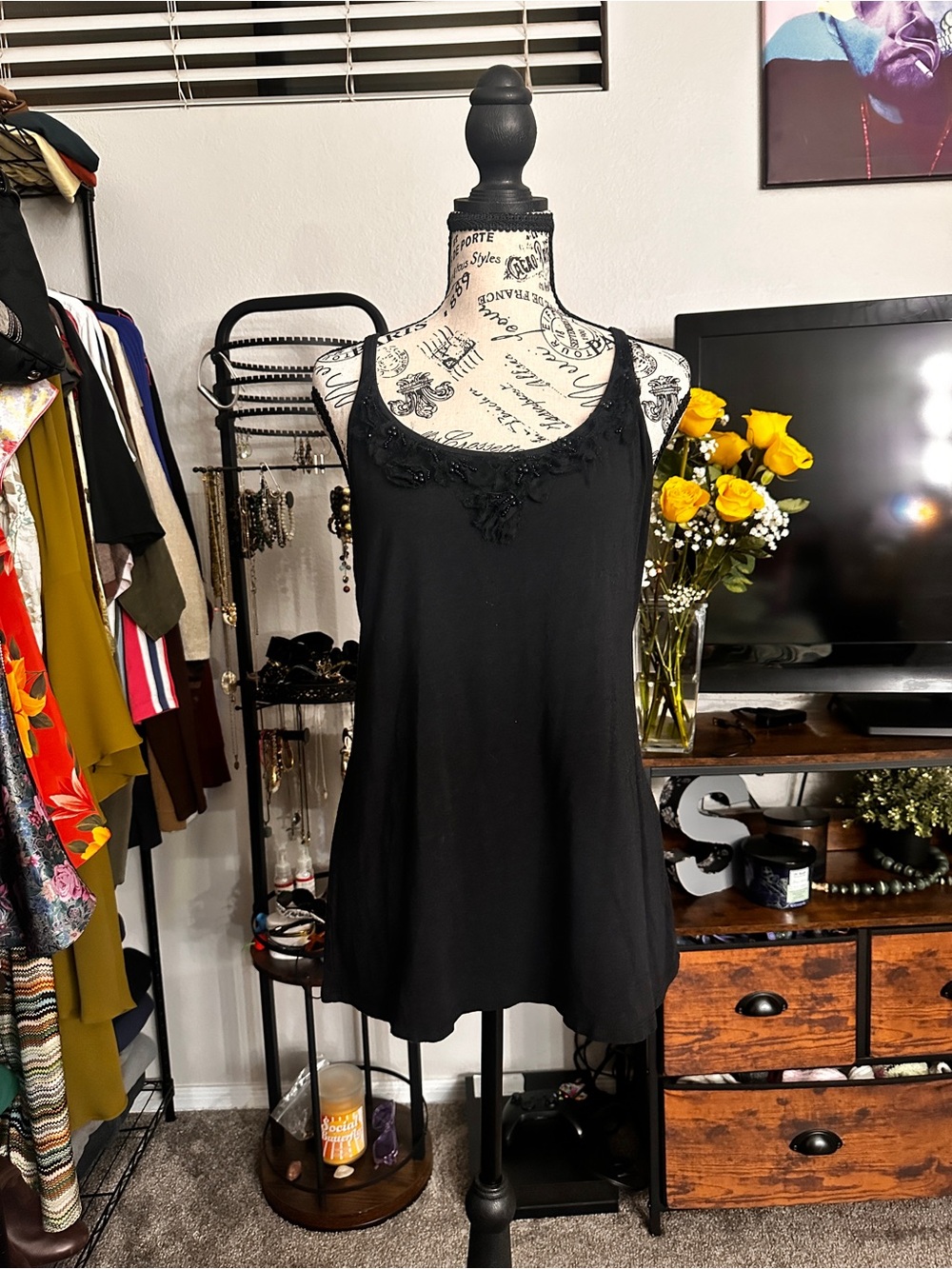 Black lace tank top with beaded details